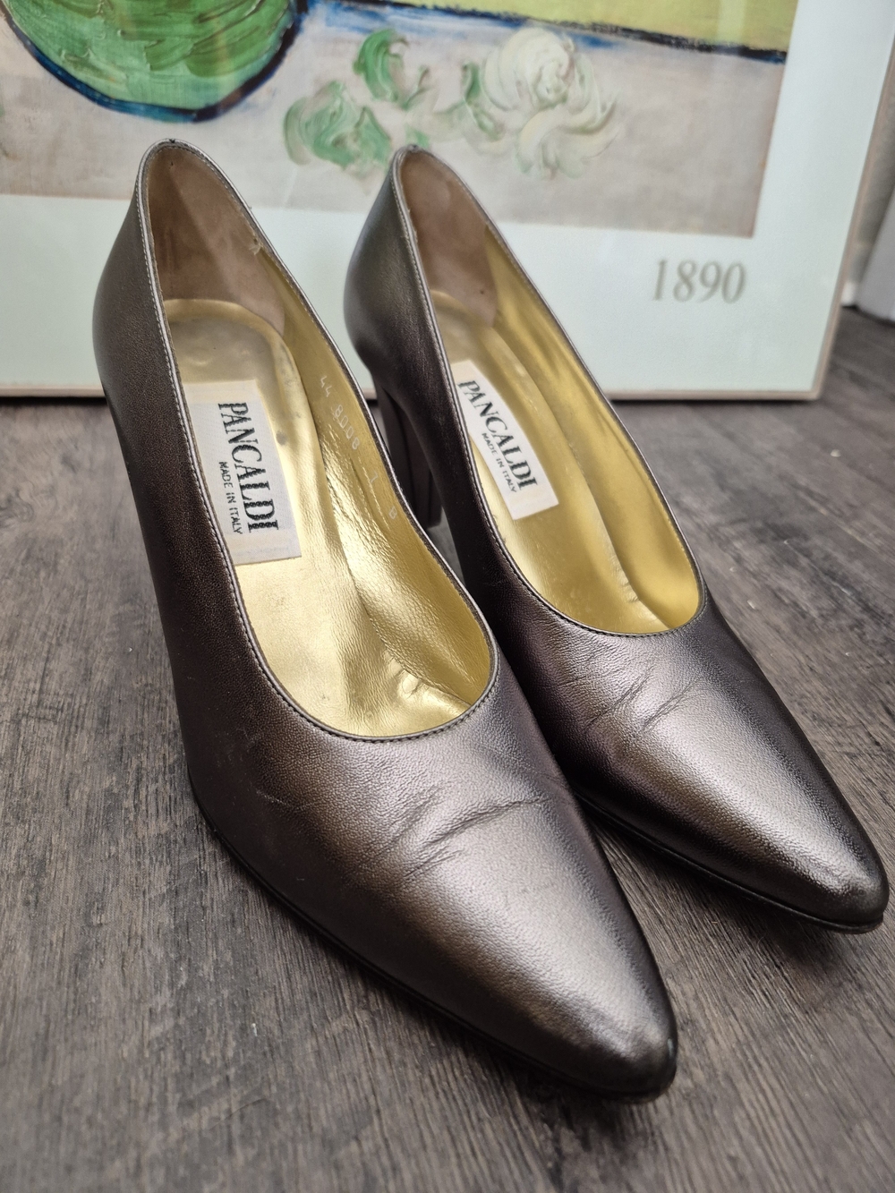 PANCALDI Vintage Metallic Brown Pointed-Toe Leather Heels